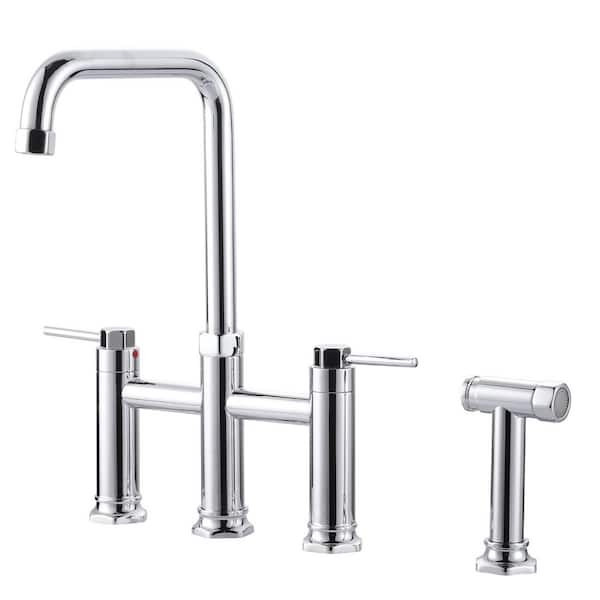 Brass Double Handle Bridge Kitchen Faucet with Side Sprayer in Polished Chrome
