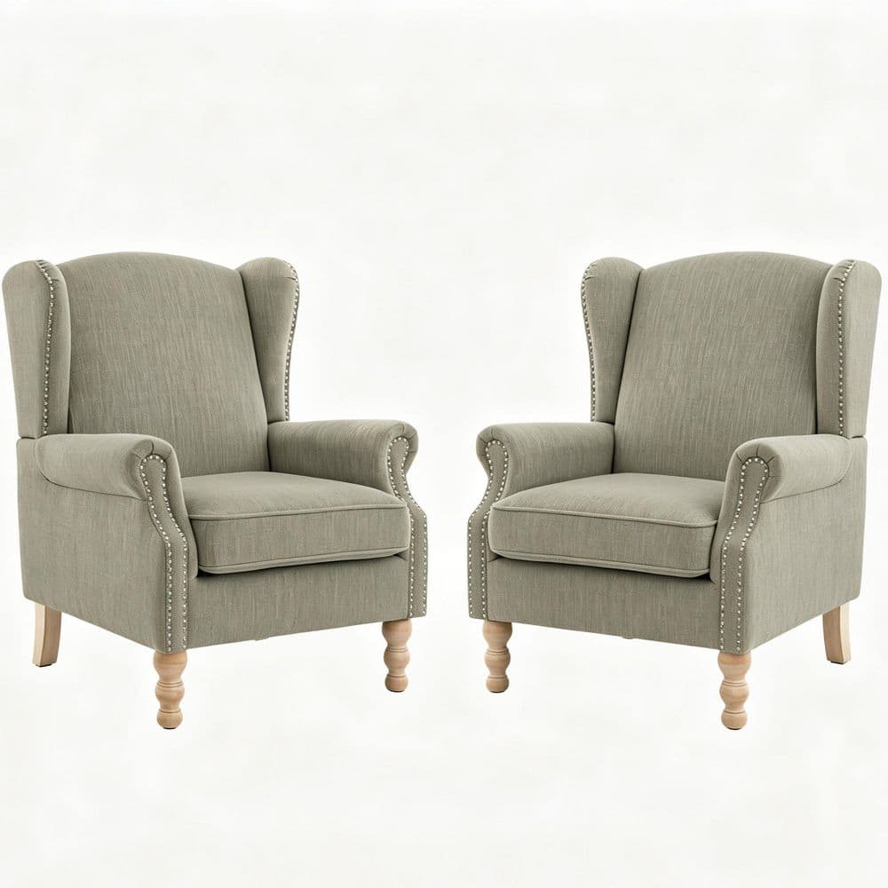 Traditional Upholstered Wingback Chair with High Back, Nailhead Trim and Solid Wood Legs in Green Linen, Set of 2 price history on PriceWatchPro