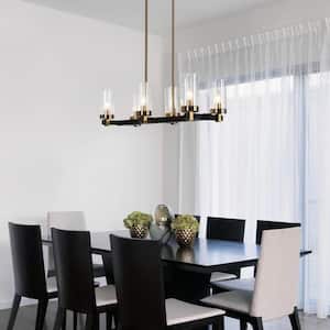 27 in. 6-Light Modern Black Island Chandelier, Seeded Glass Brass Gold Pendant Light, Farmhouse Dining Room Chandelier