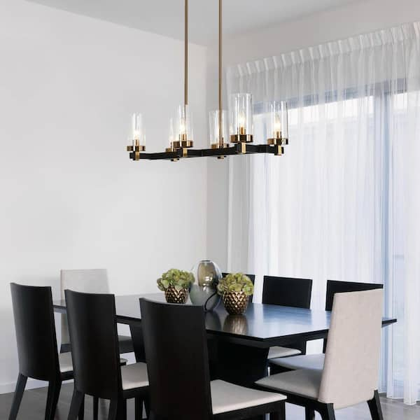 27 in. 6-Light Modern Black Island Chandelier, Seeded Glass Brass Gold Pendant Light, Farmhouse Dining Room Chandelier