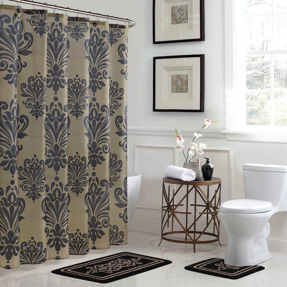 Reverly Black and Linen Geometric Damask 15-Piece Bathroom Shower Set