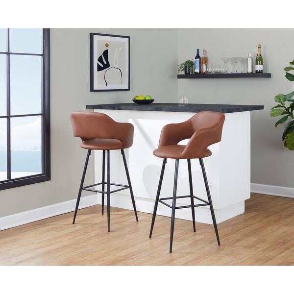 Margarite 30 in. Brown Faux Leather and Black Metal Fixed-Height Barstool (Set of 2)