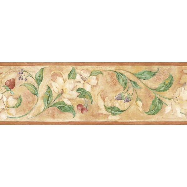 The Wallpaper Company 6.8 in. x 15 ft. Tan Floral and Berry Scroll Border