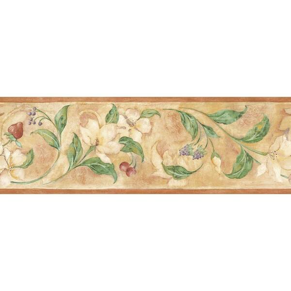 The Wallpaper Company 8 in. x 10 in. Tan Floral and Berry Scroll Border Sample