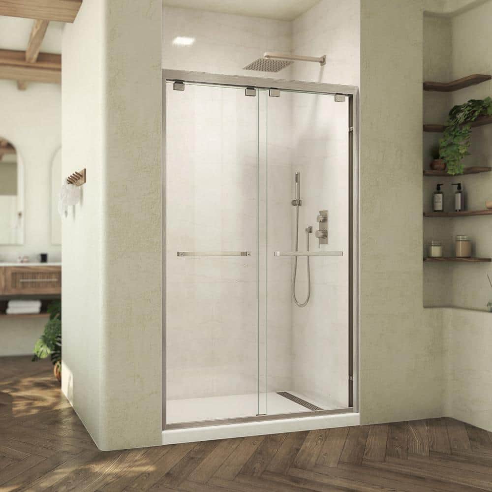 Nickel Frameless Clear Glass Sliding Shower Door, 48 x 76 in.