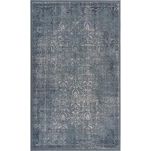 Blue Silver Gray and Cream 2 ft. x 3 ft. Damask Area Rug
