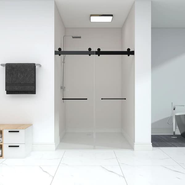 CASAINC 72 in. W x 79 in. H Double Sliding Frameless Shower Door in Matte Black with Towel Bar and Stainless Hardware
