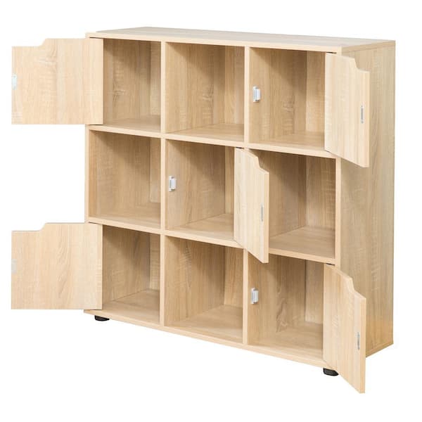 Basicwise 9-Cube Oak Wooden Organizer With 5-Enclosed Doors and 4