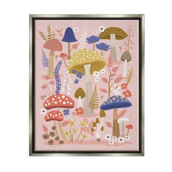 Stupell Industries Mushrooms and Botanical Pattern by Lisa Perry Whitebutton Gray Floater Frame Graphic Nature Art Print 31 in. x 25 in.
