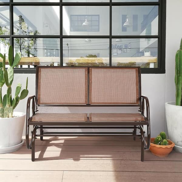 FORCLOVER 48 in. Metal Outdoor Glider Chair Loveseat Rocker Lounge Backyard in Brown