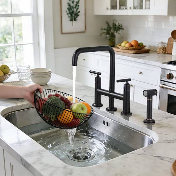 Double Handle Brass Bridge Kitchen Faucet, Deck Mount Kitchen Sink Faucet with Side Sprayer in Oil Rubbed Bronze