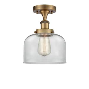 Bell 8 in. 1-Light Brushed Brass Semi-Flush Mount with Clear Glass Shade
