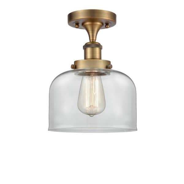 Innovations Bell 8 in. 1-Light Brushed Brass Semi-Flush Mount with Clear Glass Shade
