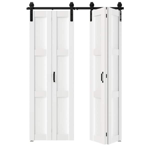 TENONER 48 in. x 84 in. (24 in. W x 2) White, 3 Panel Finished, Paneled MDF, Bi-Fold Style Sliding Barn Door with Hardware Kit