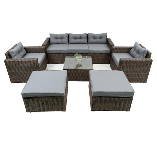 Tunearary 6-Piece Brown Wicker Patio Session Set with Gray Removable Cushions and Coffee Table