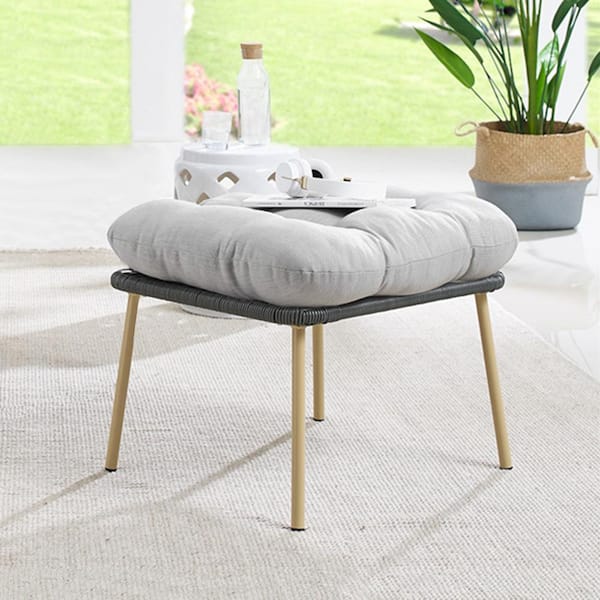 DarkGray Wicker Outdoor Egg Chair Ottoman Steel Frame Footstool with Removable LightGray Cushions