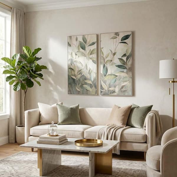 2-Piece Tan/Green Wood Framed Botanical Leaf Branch Canvas Wall Art Print 50 in. x 25 in.