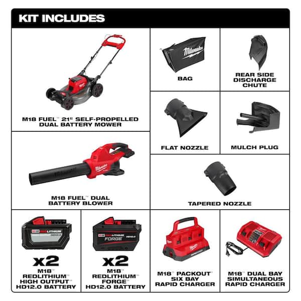 M18 FUEL Brushless Cordless 21 in. Walk Behind Dual Battery Self-Propelled Mower w/ Blower, (4) Battery, (2) Charger