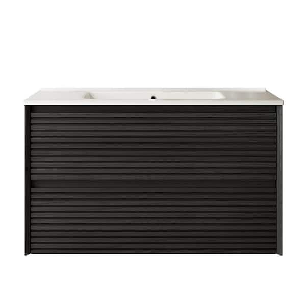 36 in. Single Sink Wall-Mounted Black Wood Bath Vanity with White Ceramic Top Assembled