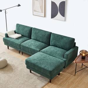 104.6 in. Green Square Arm Polyester Fabric Modern L Shaped 3-Seater Sofa with Ottoman