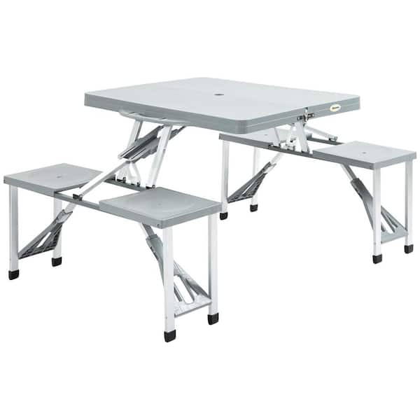 Unbranded 32.3 in Gray Rectangle Folding Picnic Table with Seats and Umbrella Hole, 4-Seat Camping Table Set with Aluminum Frame