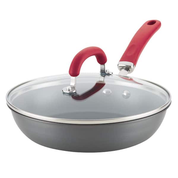Rachael Ray Create Delicious 10.25 in. Hard-Anodized Aluminum Nonstick Skillet in Red and Gray with Glass Lid