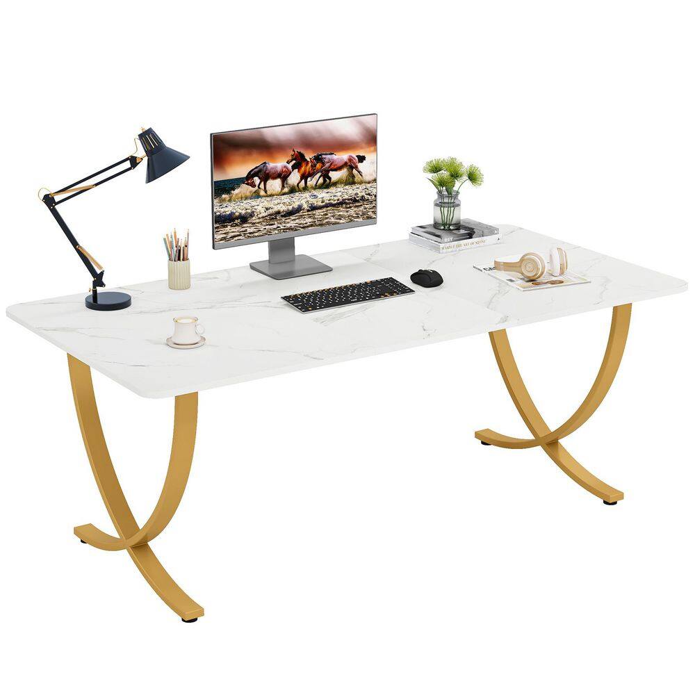 Capen 63" Rectangle White Gold Wood Home Office Computer Desk Study Writing Table Farmhouse Workstation Thickened Frame