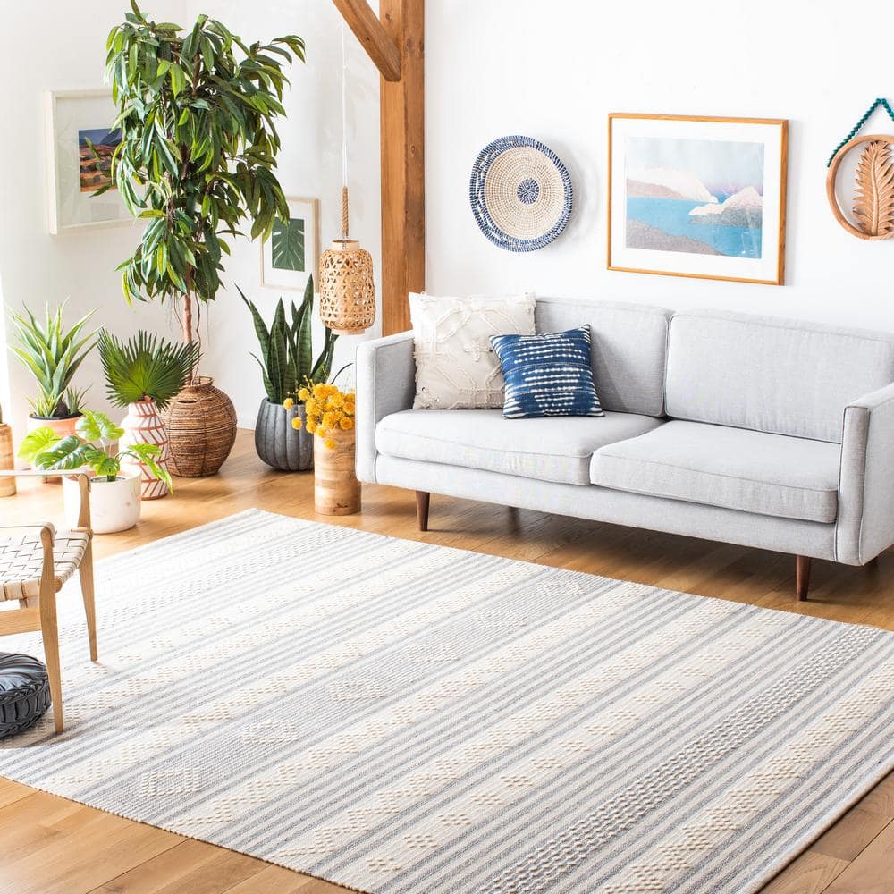 Ivory and Silver Striped Wool Cotton 9' x 12' Rug