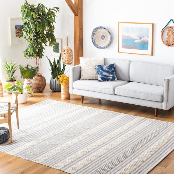 Striped Kilim Silver Ivory 9 ft. X 12 ft. Striped Area Rug