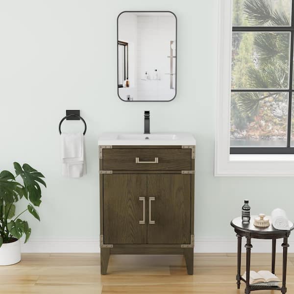 Solid Wood 24 in. Single Sink Freestanding Grey Oak Bath Vanity with White Resin Top (Assembled)