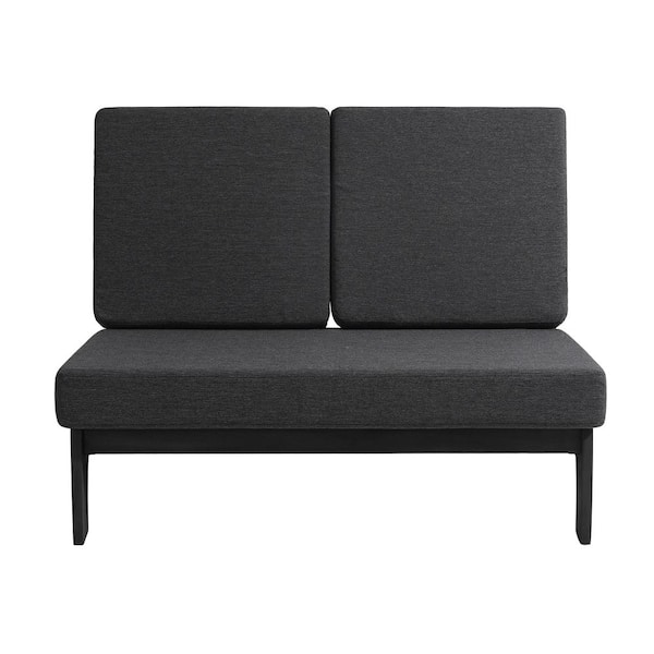 Black Solid Wood Frame Outdoor Loveseat with Removable Dark Gray Cushions