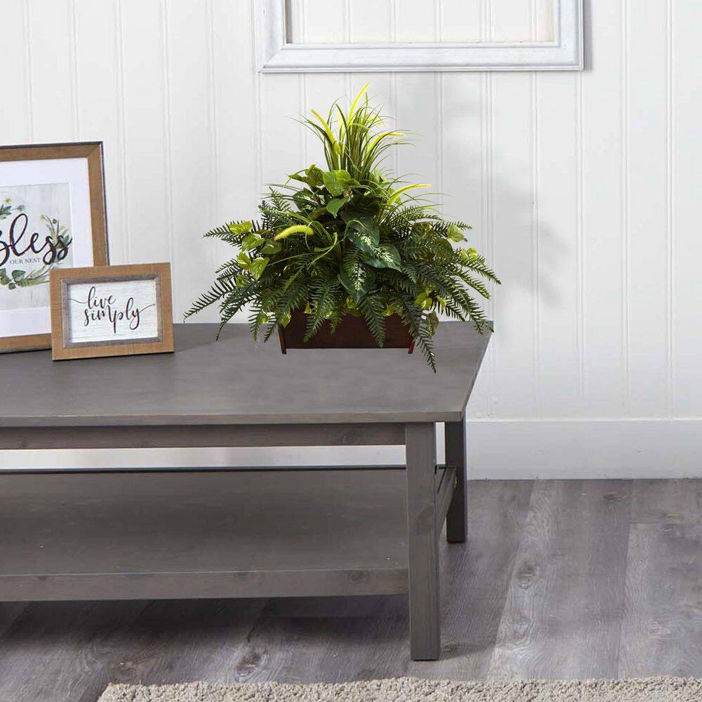 Green Plastic Fern and Grass Arrangement in Iron Planter