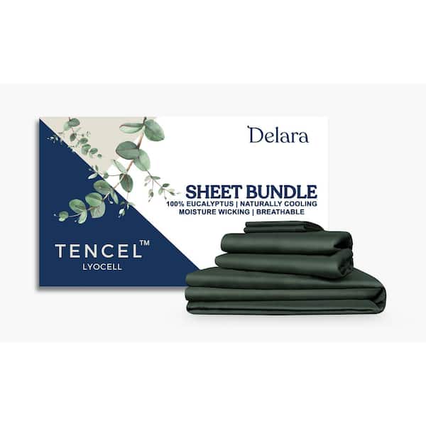 Delara Delara 7-Piece Sheet Bundle Set Forest Green 100% Eucalyptus Lyocell Tencel Cal King Duvet Set+Sheet Set