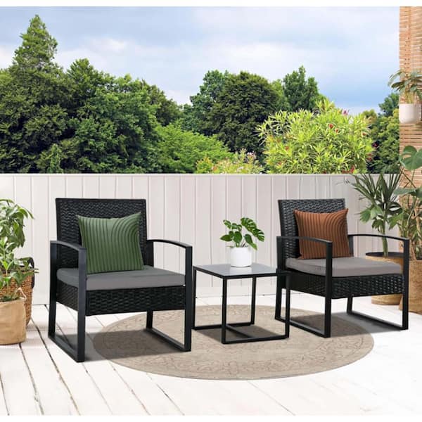 3-Piece Black Wicker Patio Outdoor Bistro Set with Gray Cushions and 1 Side Table