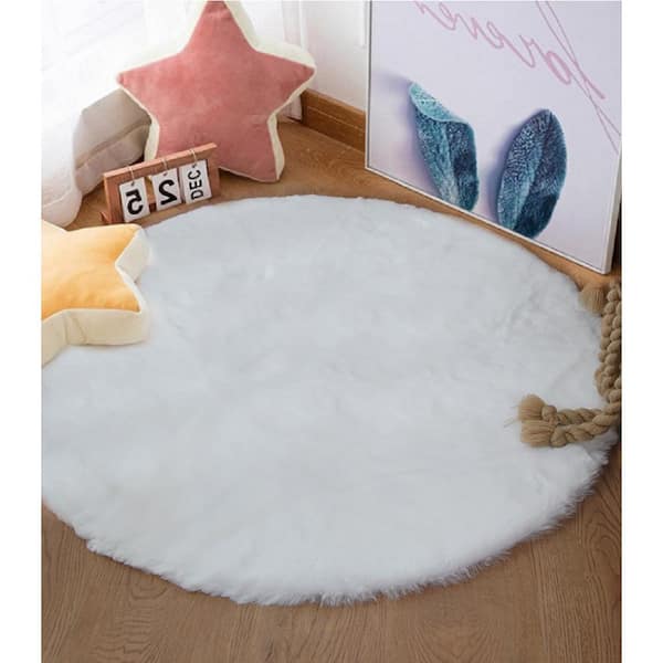 Mmlior White 3 ft. x 3 ft. Soft Faux Rabbit Fur Round Area Rug