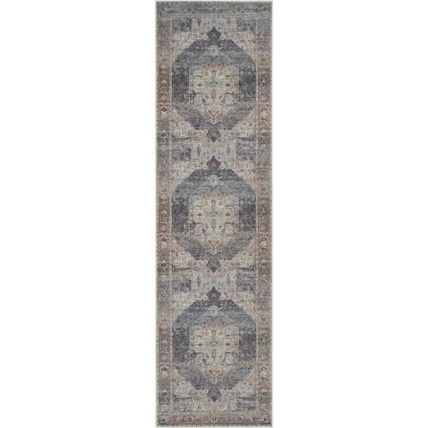 Well Woven Lotus Binita Vintage Persian Oriental Grey Ivory 2 ft. 7 in. x 9 ft. 10 in. Runner Area Rug