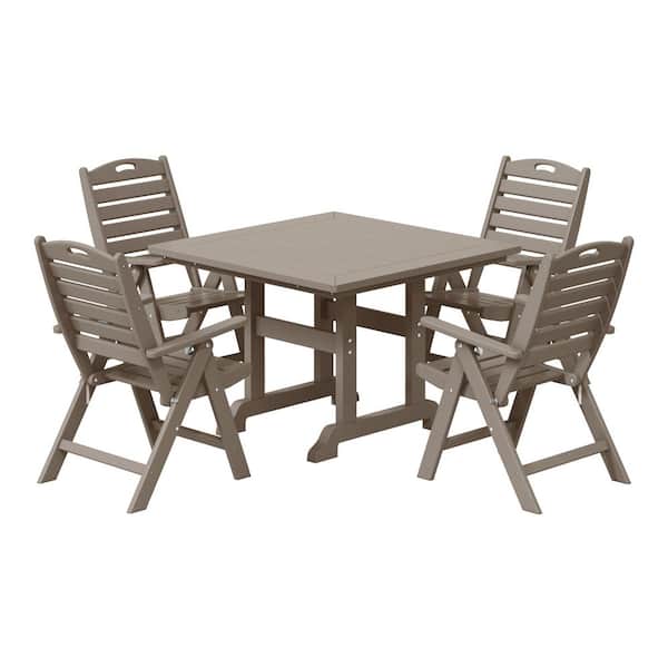 Laguna All Weather HDPE Plastic Outdoor 5-Piece Square Table Folding Highback Chairs Patio Dining Set, Weathered Wood