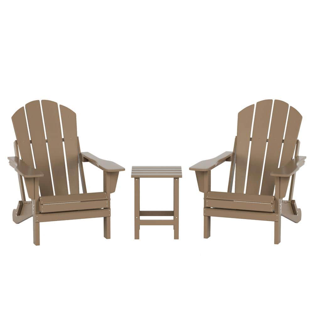 Weathered Wood 3-Piece HDPE Adirondack Chair Set with Side Table