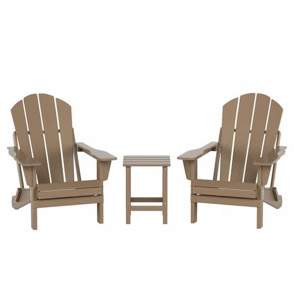 Laguna 3-Piece Fade Resistant Outdoor Patio HDPE Poly Plastic Folding Adirondack Chair Set, Side Table in Weathered Wood