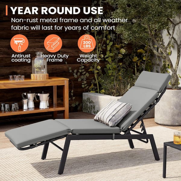 Pack of 2 Adjustable Metal Outdoor Patio Chaise Lounge Dark Gray with Cushions