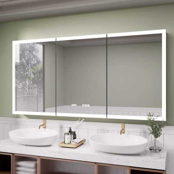 60 in. W x 30 in. H Rectangular Silver Aluminum Recessed/Surface Mount Lighted Medicine Cabinet with Mirror and Clock