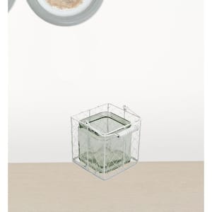 Victoria 5.5 in. White and Clear Wire Basket Glass Jar