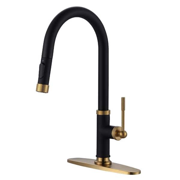WOWOW Single Handle Pull Down Sprayer Kitchen Faucet with Advanced Spray in Black and Gold
