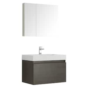Mezzo 30 in. Vanity in Gray Oak with Acrylic Vanity Top in White with White Basin and Mirrored Medicine Cabinet