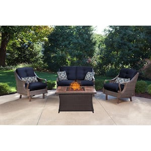 Ventura 4-Piece All-Weather Wicker Patio Conversation Set with Wood Grain-Top Fire Pit with Navy Blue Cushions