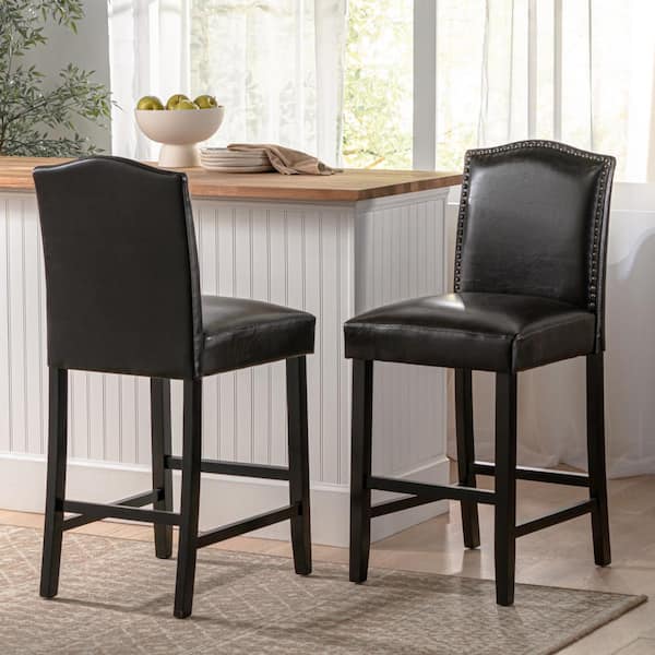 Noble House Merritt 26.8 in. Brown Studded Rubberwood Counter Stool (Set of 2)