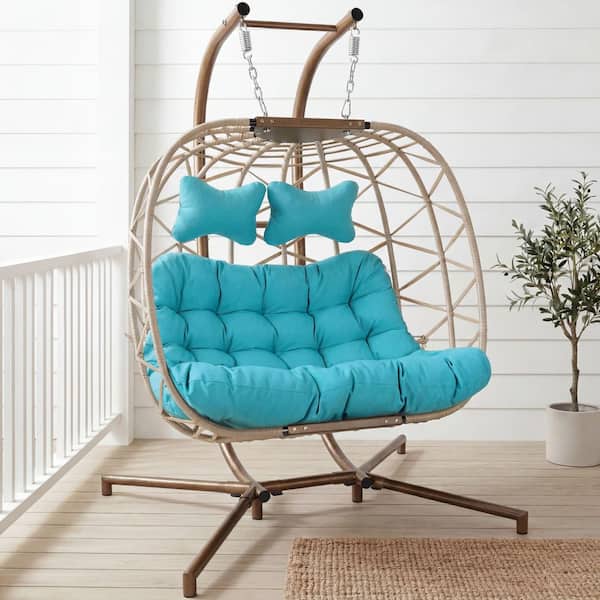 Large 2-Person Beige Wicker Double Patio Swing Egg Chair with Gold Stand and Teal Cushions