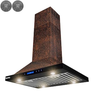 30 in. 343 CFM Convertible Island Mount Range Hood with LED Lights in Embossed Copper Vine Design with Carbon Filters