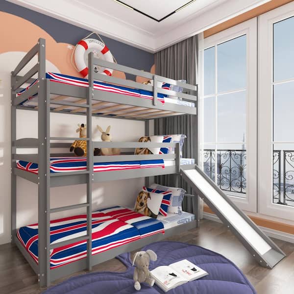GHOUSE Gray Solid Wood Twin Size Triple Bunk Bed with Slide and Ladder