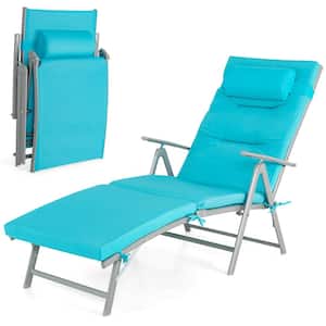 Folding Chaise Lounge Chair Recliner Adjustable Outdoor with Turquoise Cushion and Pillow